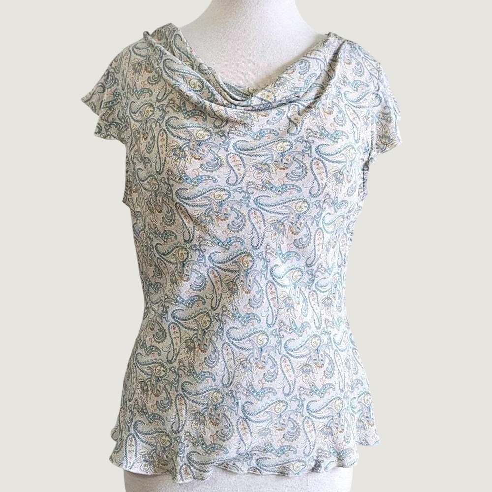 Vtg Y2K Apt 9 Womens Top 100% Silk Paisley Cowl Neck Flutter Sleeve Blouse L